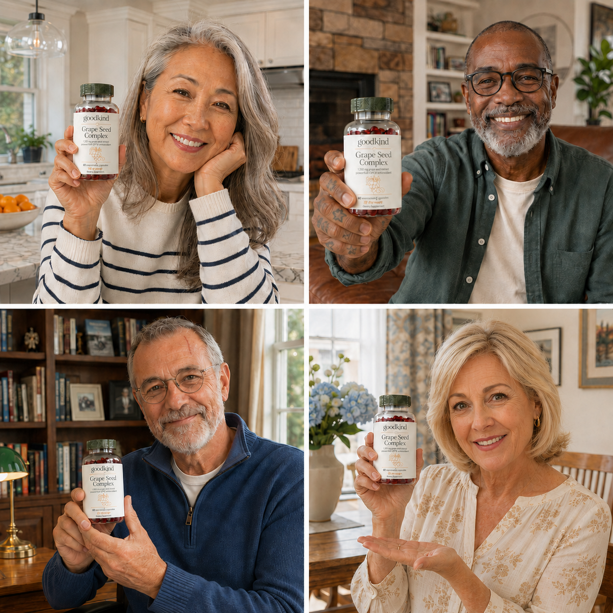 Four Goodkind customers holding the Grape Seed Complex bottle